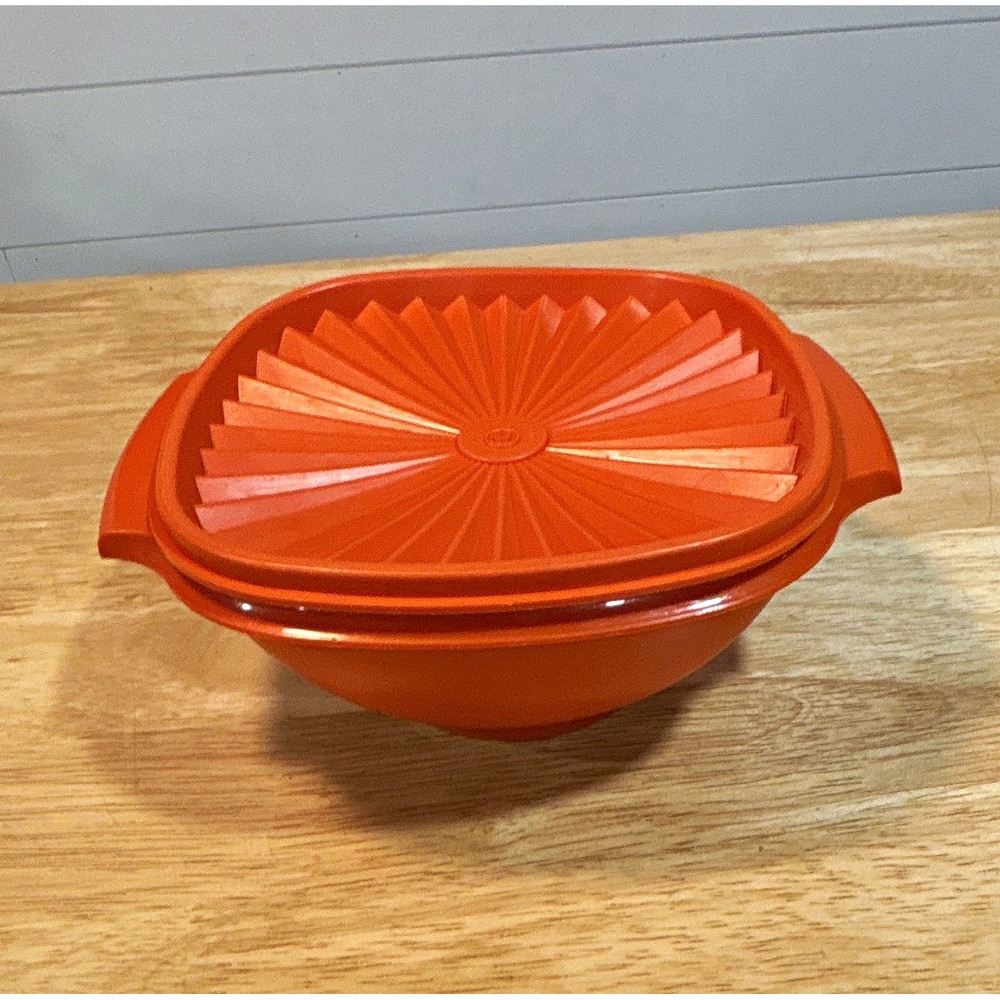 Vintage Tupperware Orange Sunburst Square Canister Bowl w/ Lid, 2-Piece Set